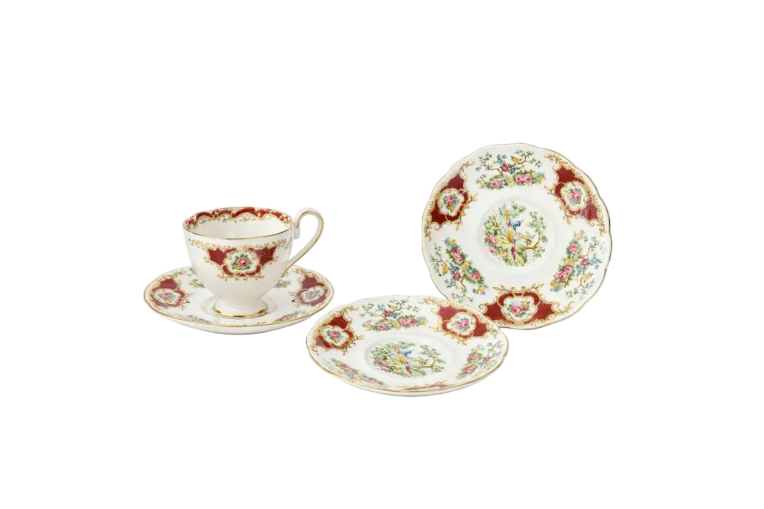 Rare Vintage Foley China 'Broadway' Tea Trio & Extra Saucer | Maroon Chelsea Bird | c.1936–1948