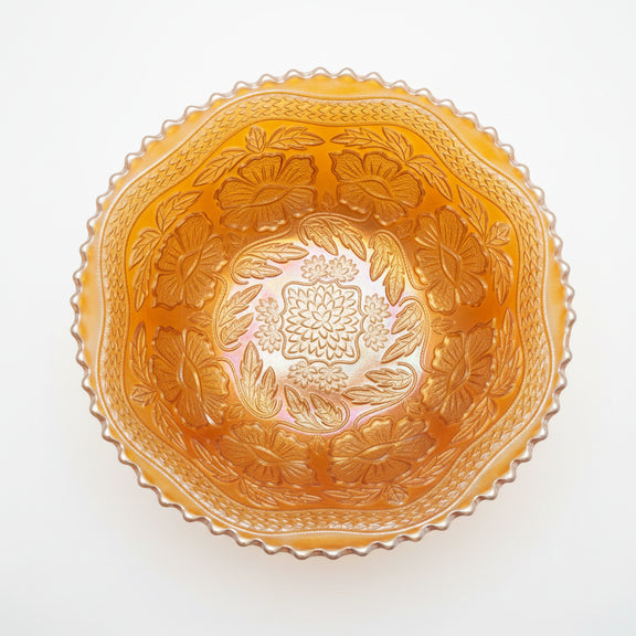 Vintage Marigold Carnival Glass Footed Bowl - Iridescent Floral Pattern Ruffled|286964546174
