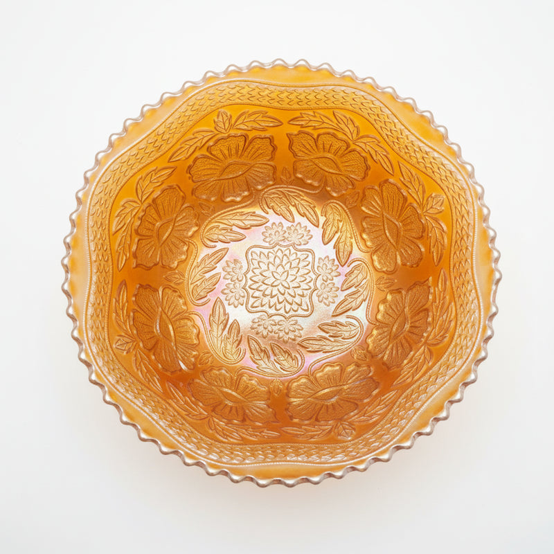 Vintage Marigold Carnival Glass Footed Bowl - Iridescent Floral Pattern Ruffled|286964546174