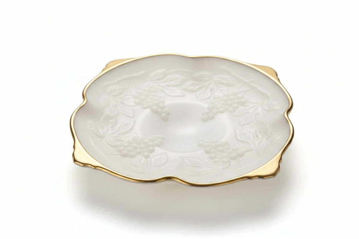 Anchor Hocking Serving Bowl White Milk Glass with Gold Trim - Grapes and Leaves|286995554007