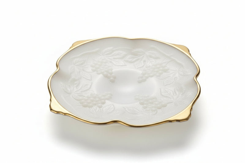 Anchor Hocking Serving Bowl White Milk Glass with Gold Trim - Grapes and Leaves|286995554007