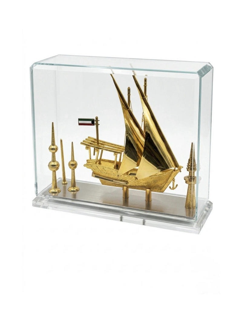 Vintage Kuwait 24k Gold Plated Dhow Ship Model & Kuwait Towers Display Case