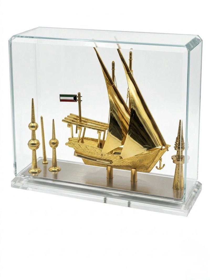 Vintage Kuwait 24k Gold Plated Dhow Ship Model & Kuwait Towers Display Case
