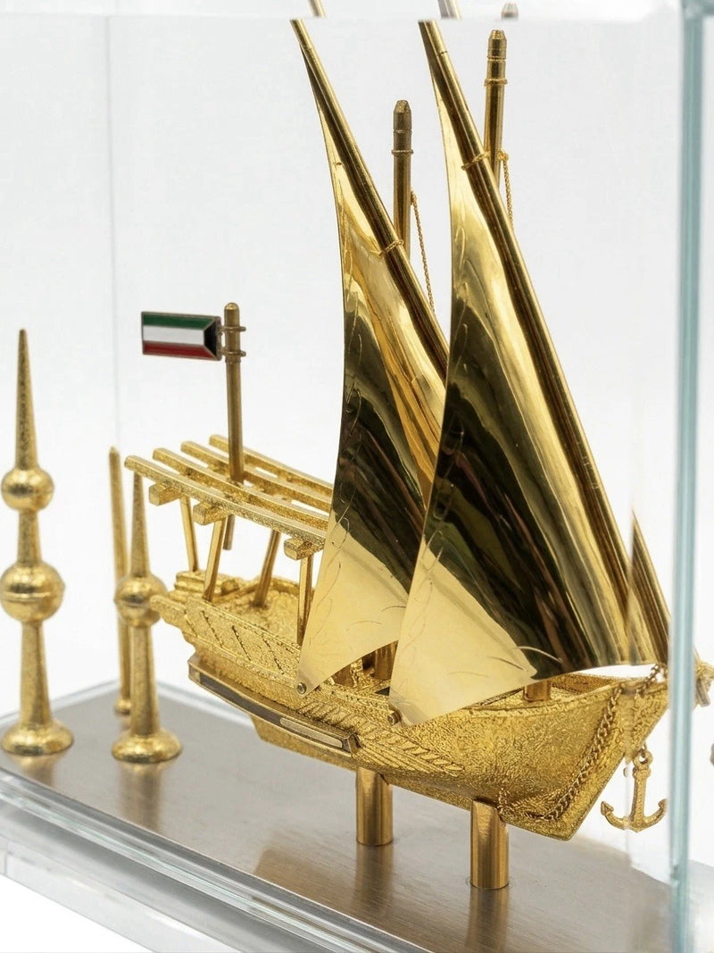 Vintage Kuwait 24k Gold Plated Dhow Ship Model & Kuwait Towers Display Case