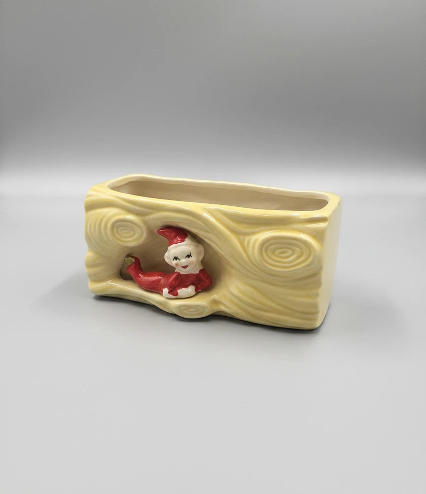 Vintage Pixie Elf Log Planter- Yellow Ceramic Woodland Figurine 1950s Kitsch|286880478094