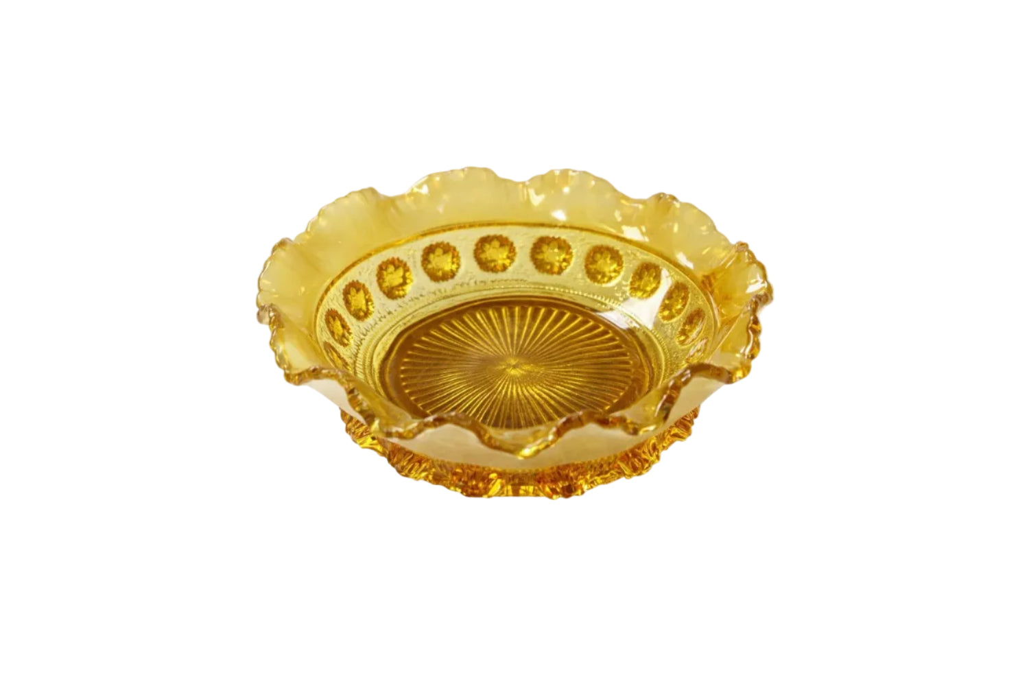 Vintage Amber Pressed Glass Bowls | Scalloped Edge & Sunburst Pattern | Set of 2 | USA | c.1970s