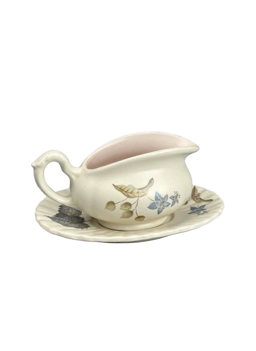 Vintage Axe Vale Pottery Gravy Boat & Underplate | Floral Bluebells & Autumn Leaves | Devon England | c.1975
