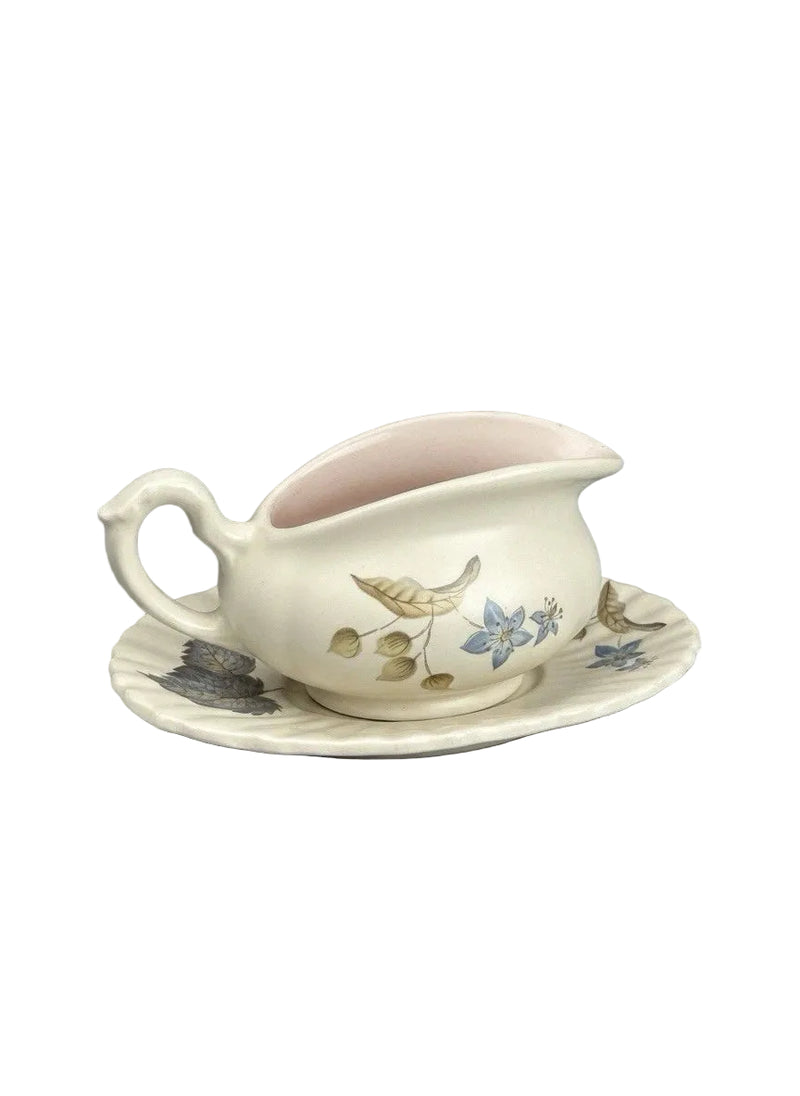 Vintage Axe Vale Pottery Gravy Boat & Underplate | Floral Bluebells & Autumn Leaves | Devon England | c.1975
