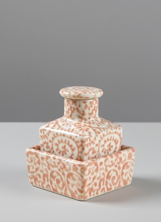 Vintage Japanese Porcelain Inkwell Set - Hand Painted Orange Swirl Karakusa|287033036509