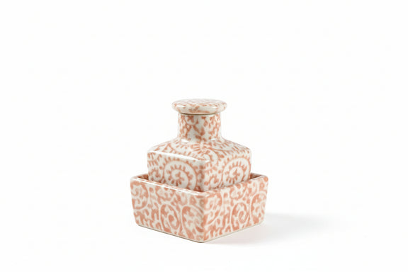 Vintage Japanese Porcelain Inkwell Set - Hand Painted Orange Swirl Karakusa|287033036509