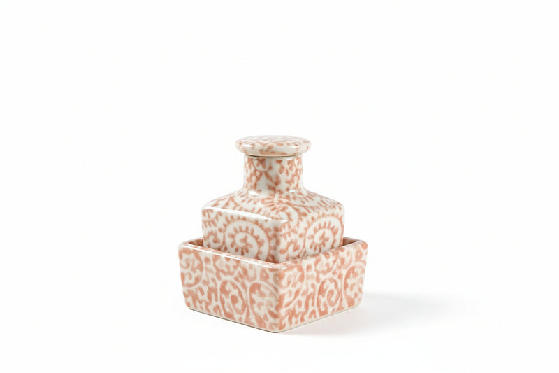 Vintage Japanese Porcelain Inkwell Set - Hand Painted Orange Swirl Karakusa|287033036509