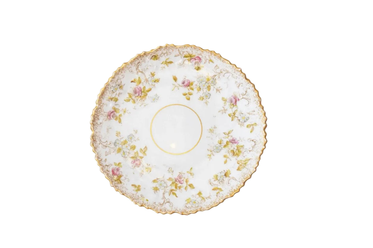 Antique Bavarian Porcelain Collector Plate | Pink Floral & Gold Scalloped Rim | H Mark | Germany | c.1920s–1950s