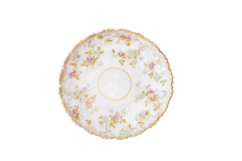 Antique Bavarian Porcelain Collector Plate | Pink Floral & Gold Scalloped Rim | H Mark | Germany | c.1920s–1950s