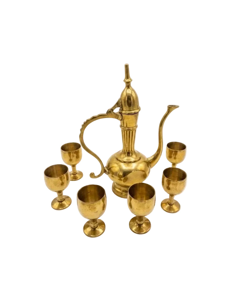 Vintage Middle Eastern Solid Brass Dallah Teapot & 6 Goblets Set | Saudi Arabia | c.1960s