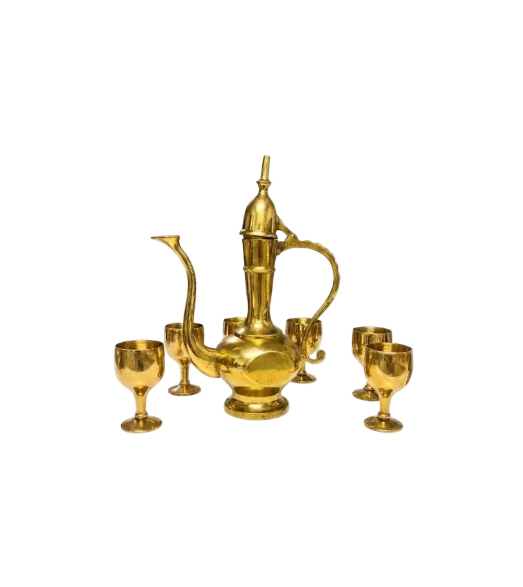Vintage Middle Eastern Solid Brass Dallah Teapot & 6 Goblets Set | Saudi Arabia | c.1960s