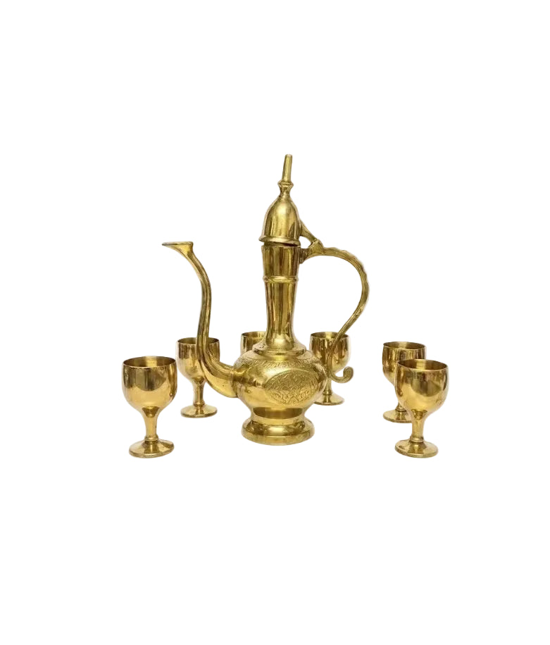 Vintage Middle Eastern Solid Brass Dallah Teapot & 6 Goblets Set | Saudi Arabia | c.1960s