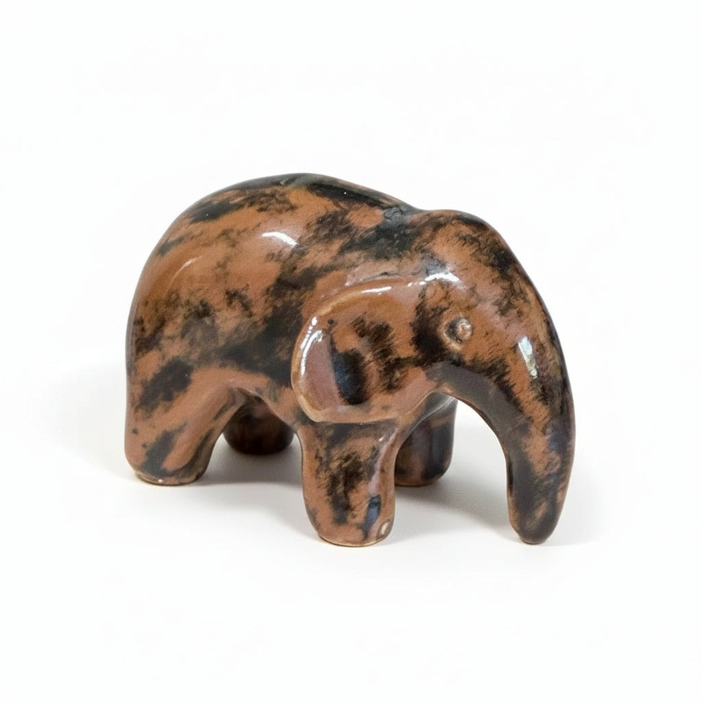 Vintage MCM Ceramic Elephant Figurine - Brown Mottled Tortoiseshell Glaze - 3”|286880840962