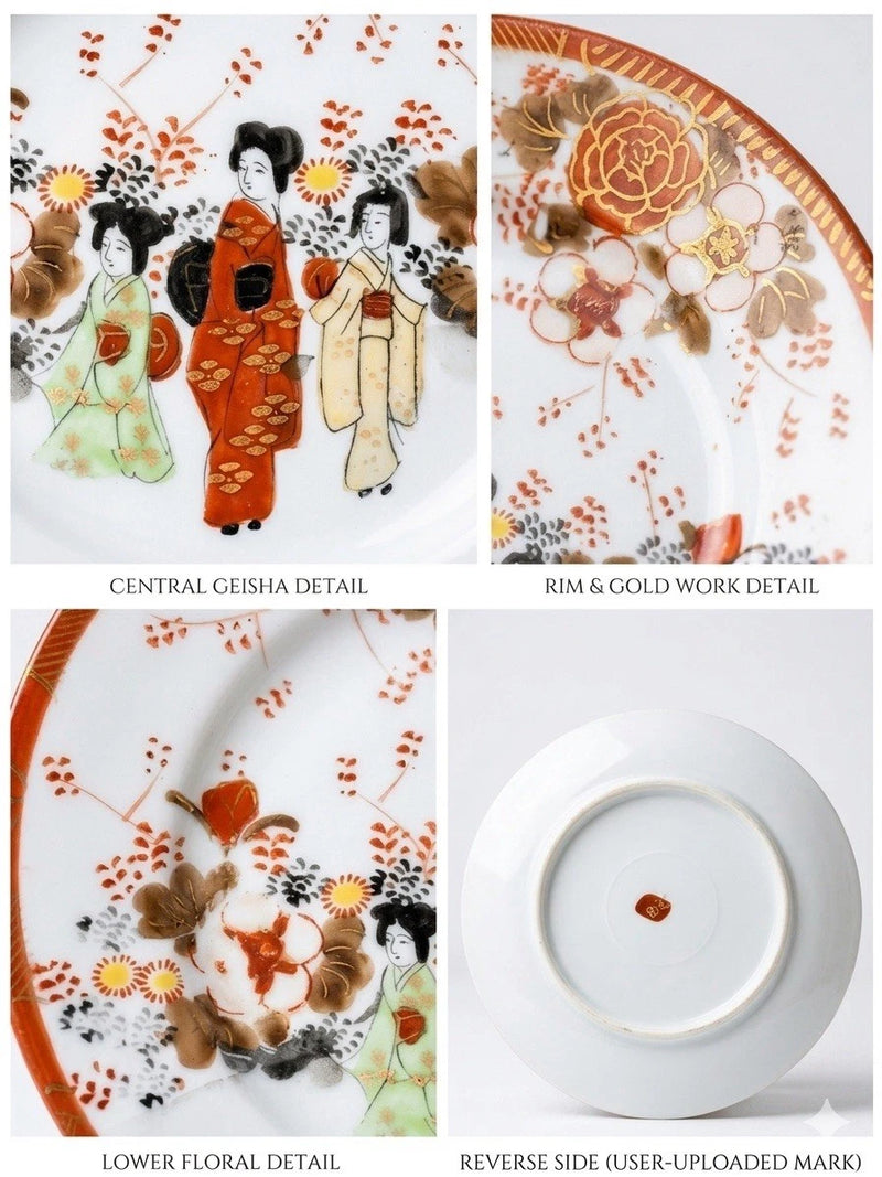 Vintage Pair of Japanese Kutani-Style Geisha Plates | Hand-Painted Gilt Porcelain | Japan | c.1950s–1970s