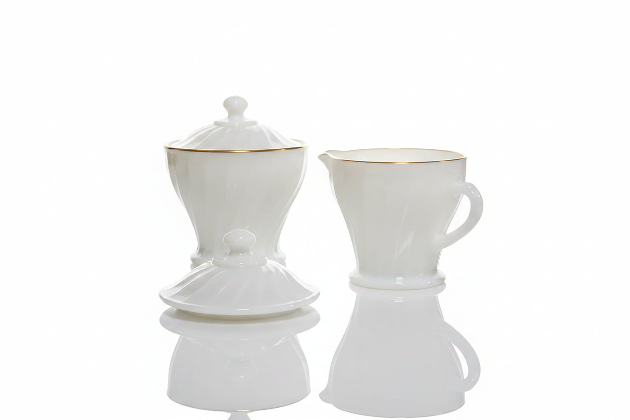 Vintage Anchor Hocking Fire-King Golden Shell Swirl Milk Glass Suger/Creamer|286996316257