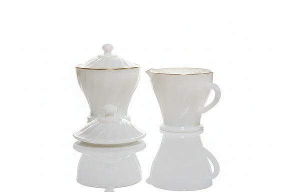 Vintage Anchor Hocking Fire-King Golden Shell Swirl Milk Glass Suger/Creamer|286996316257