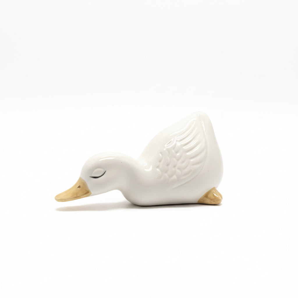Vintage  White Ceramic Duck Figurine-Sleeping Preening Duckling Glossy Porcelain|286879120662