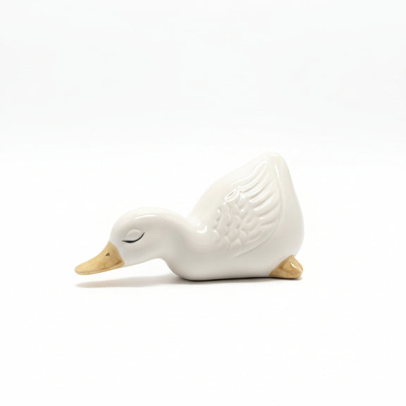 Vintage  White Ceramic Duck Figurine-Sleeping Preening Duckling Glossy Porcelain|286879120662
