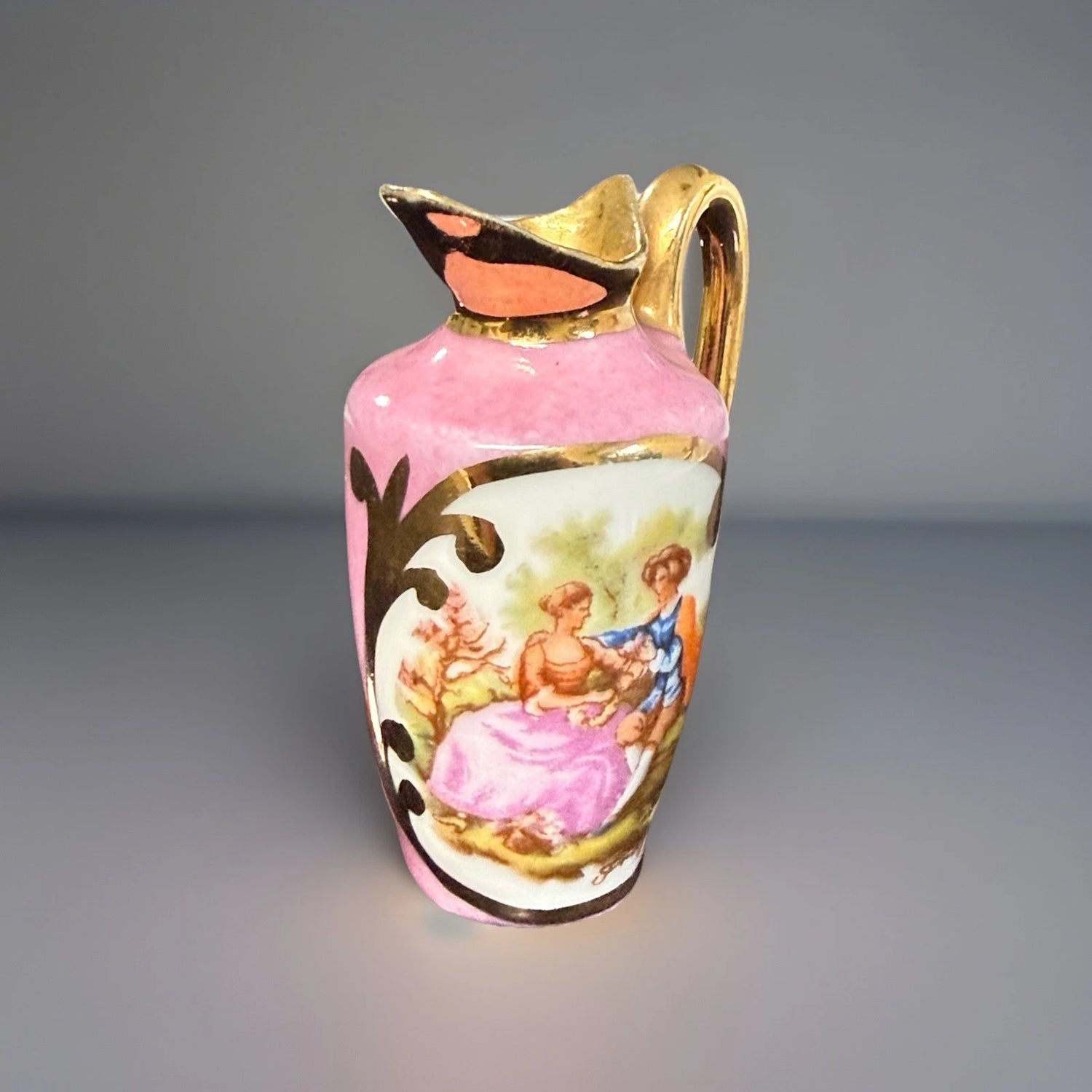 Miniature Pink Porcelain Ewer/Creamer Fragonard-Style Courting Couple Scene|286907599804