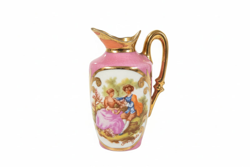 Miniature Pink Porcelain Ewer/Creamer Fragonard-Style Courting Couple Scene|286907599804