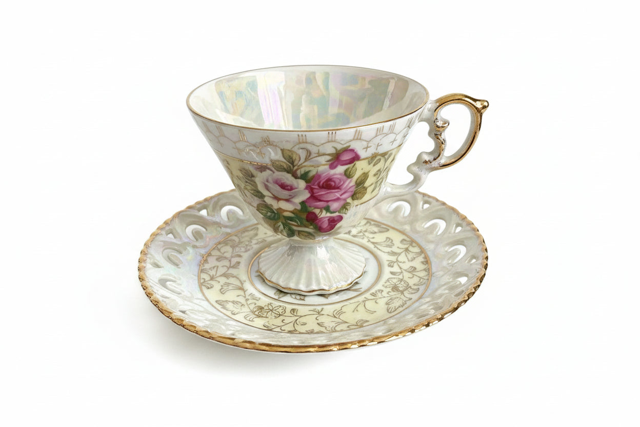 Vintage Iridescent Lusterware Hand-Painted Teacup & Saucer Set - Made in Japan|286958145464