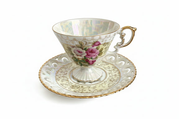 Vintage Iridescent Lusterware Hand-Painted Teacup & Saucer Set - Made in Japan|286958145464