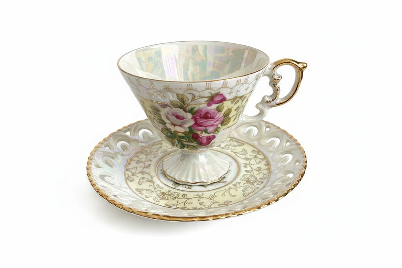 Vintage Iridescent Lusterware Hand-Painted Teacup & Saucer Set - Made in Japan|286958145464