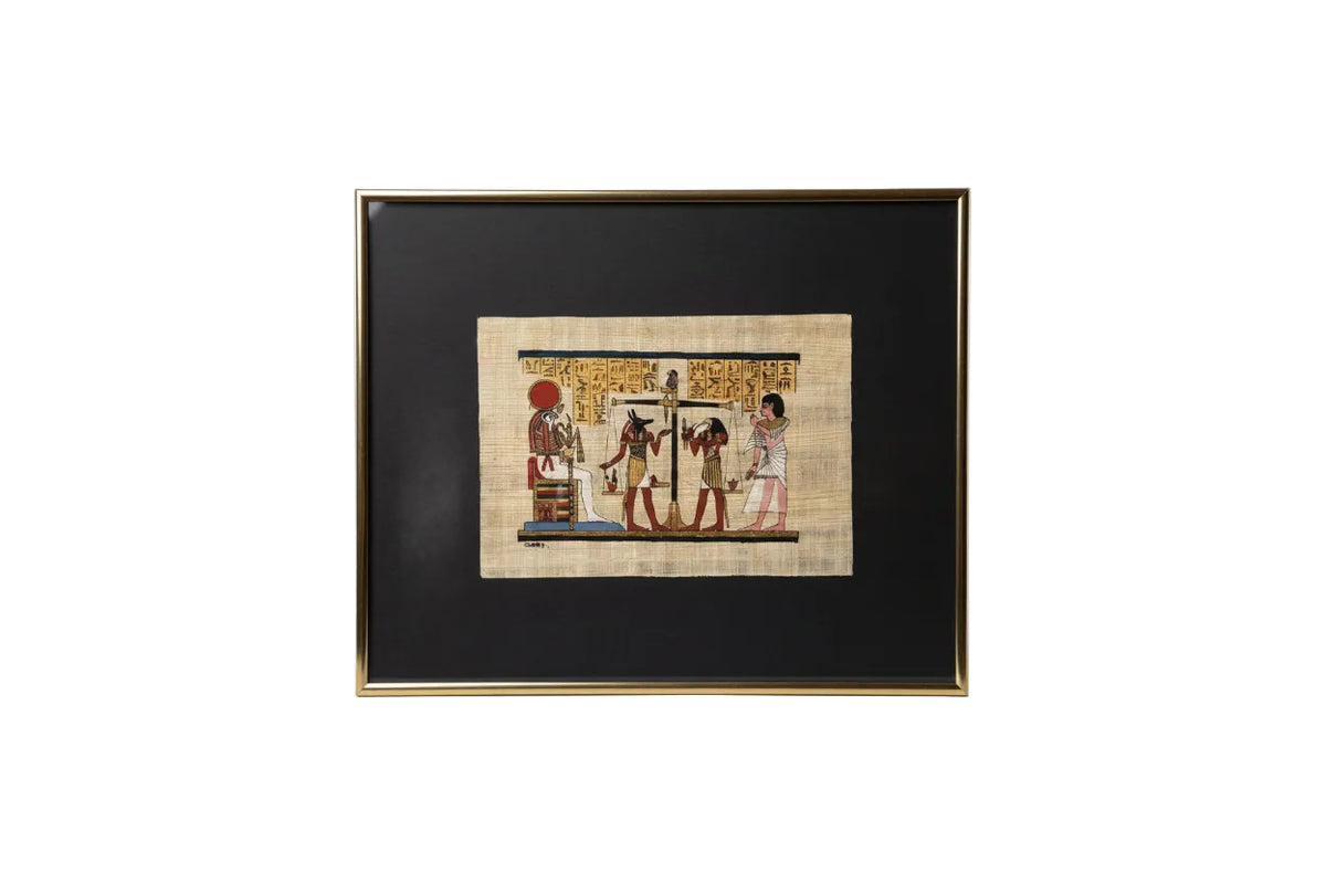 Hand-Painted Egyptian Papyrus Art - Weighing of the Heart Scene - Framed 8x10|287254972872