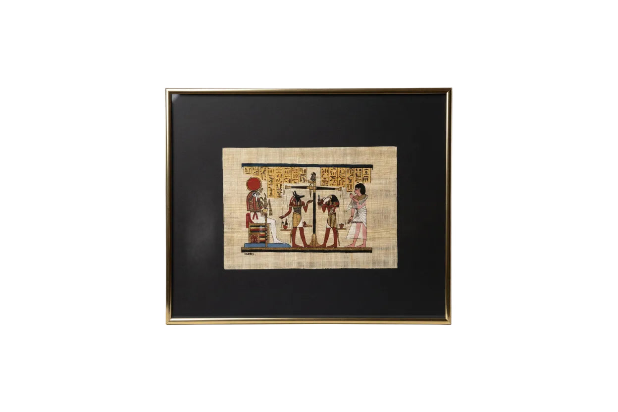 Hand-Painted Egyptian Papyrus Art - Weighing of the Heart Scene - Framed 8x10|287254972872