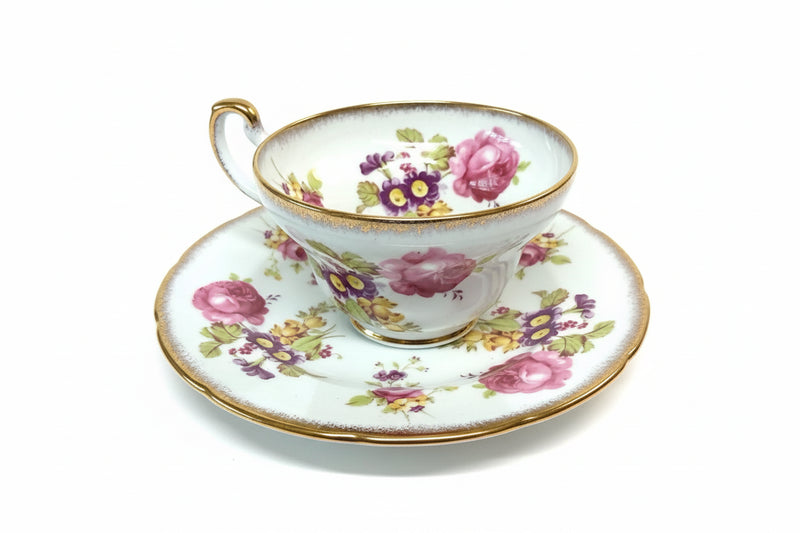 Vintage EB FOLEY Bone China England Cup & Saucer w/ PINK ROSES on Light Blue|286875558903