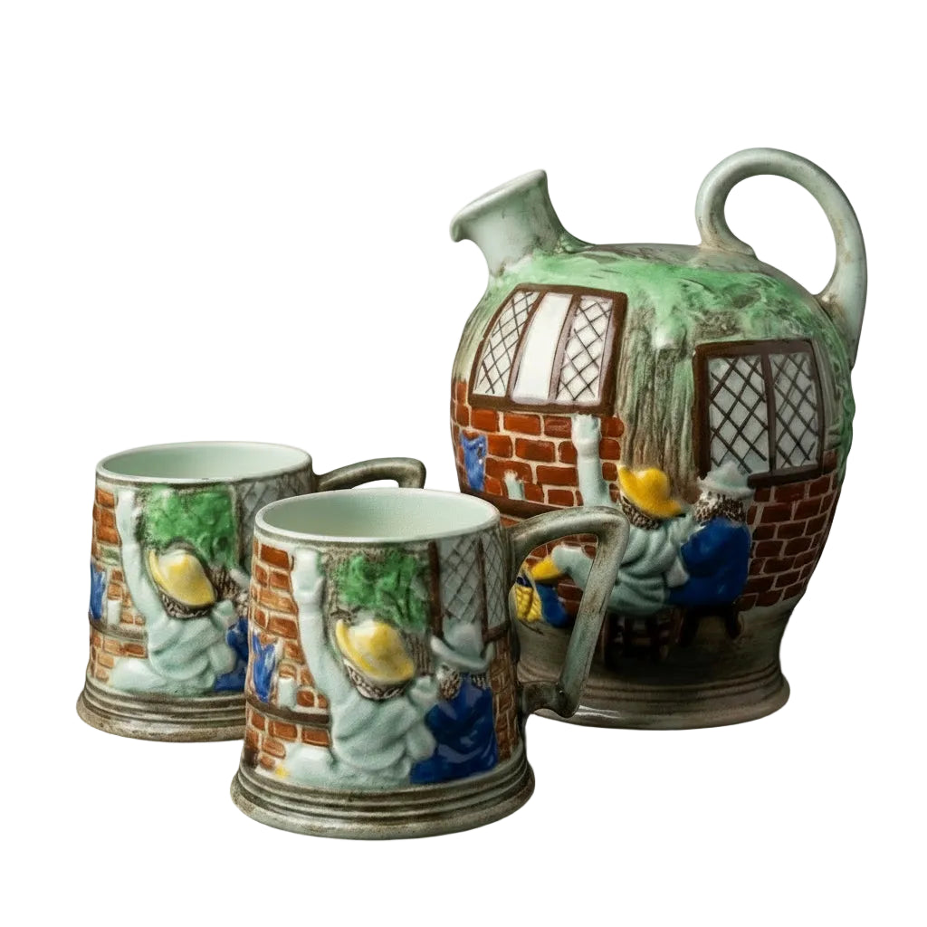 VINTAGE A.G. Wood Ltd Burslem ENGLAND Handpainted Cottage Cruet/Toby Mug Set|286918324681
