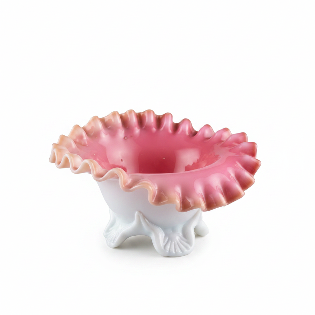 Vintage Fenton Pink Cased Glass Ruffled Pedestal Bowl - Three-Footed Shell Base|287254736601