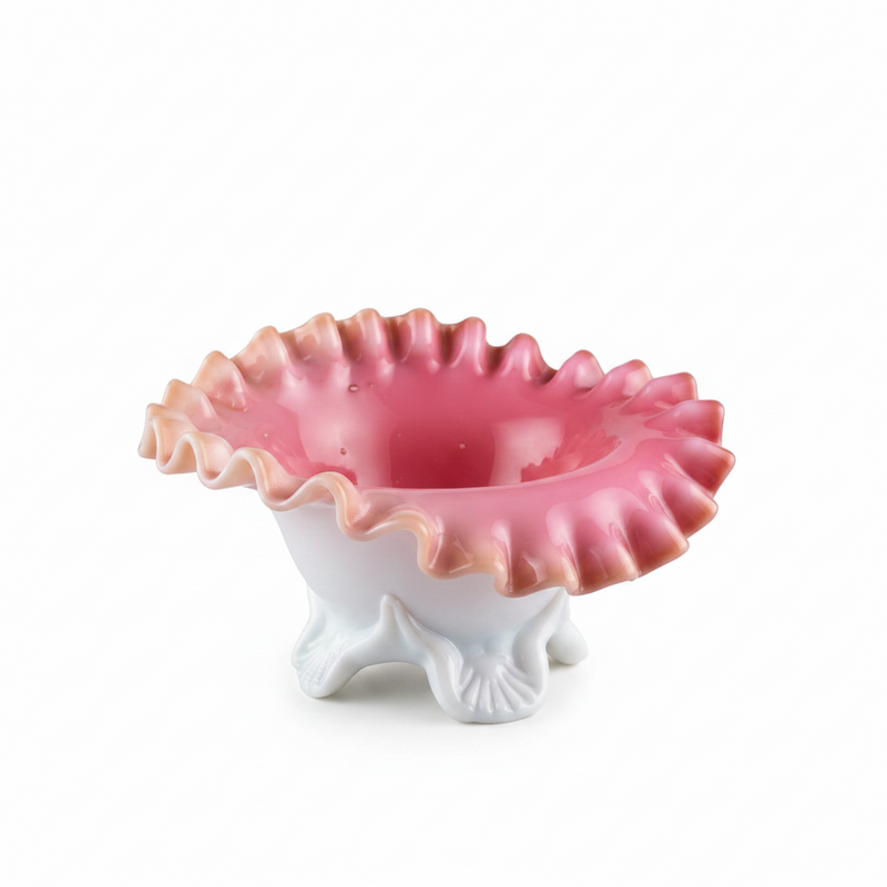 Vintage Fenton Pink Cased Glass Ruffled Pedestal Bowl - Three-Footed Shell Base|287254736601