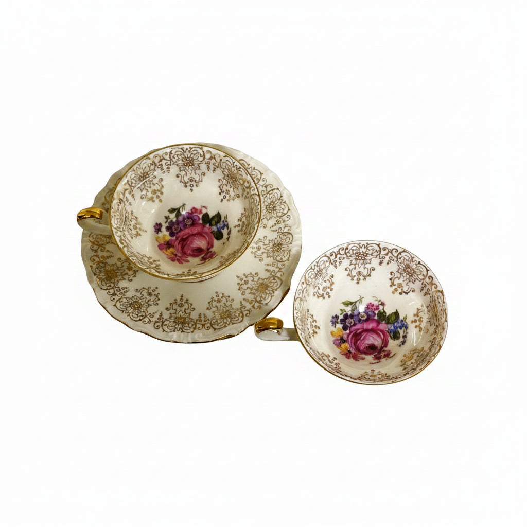 RARE Pair Vintage ALKA BAVARIA Teacups & Saucers GOLD Filigree & Rose Motif|286958192906