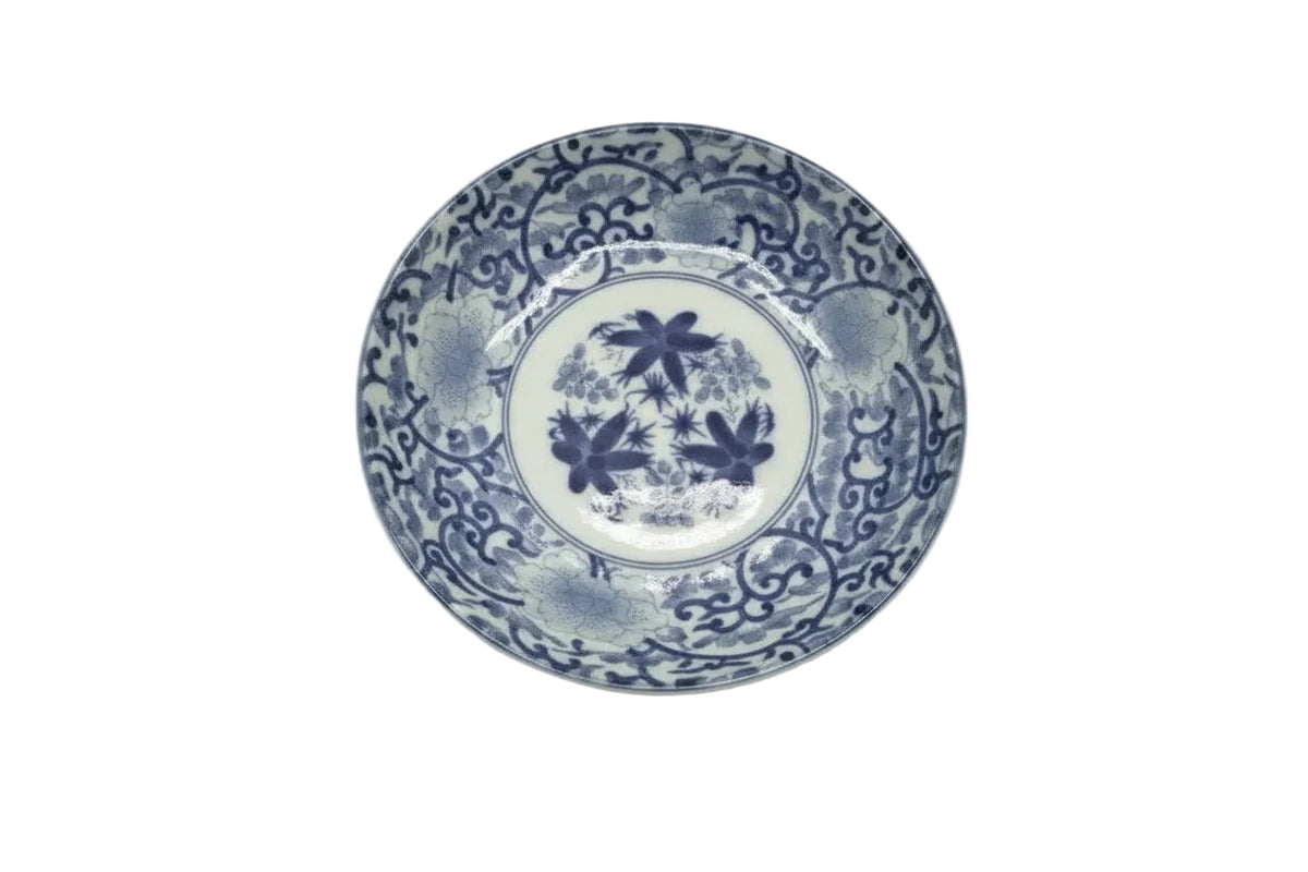 Vintage Japanese Blue & White Hand-Painted Scalloped Bowl – Floral & Vine Motif|287042977722