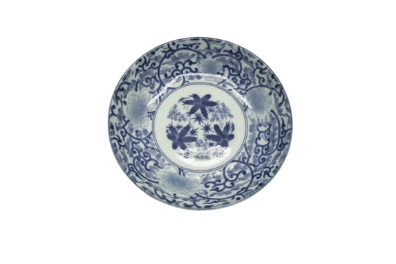 Vintage Japanese Blue & White Hand-Painted Scalloped Bowl – Floral & Vine Motif|287042977722