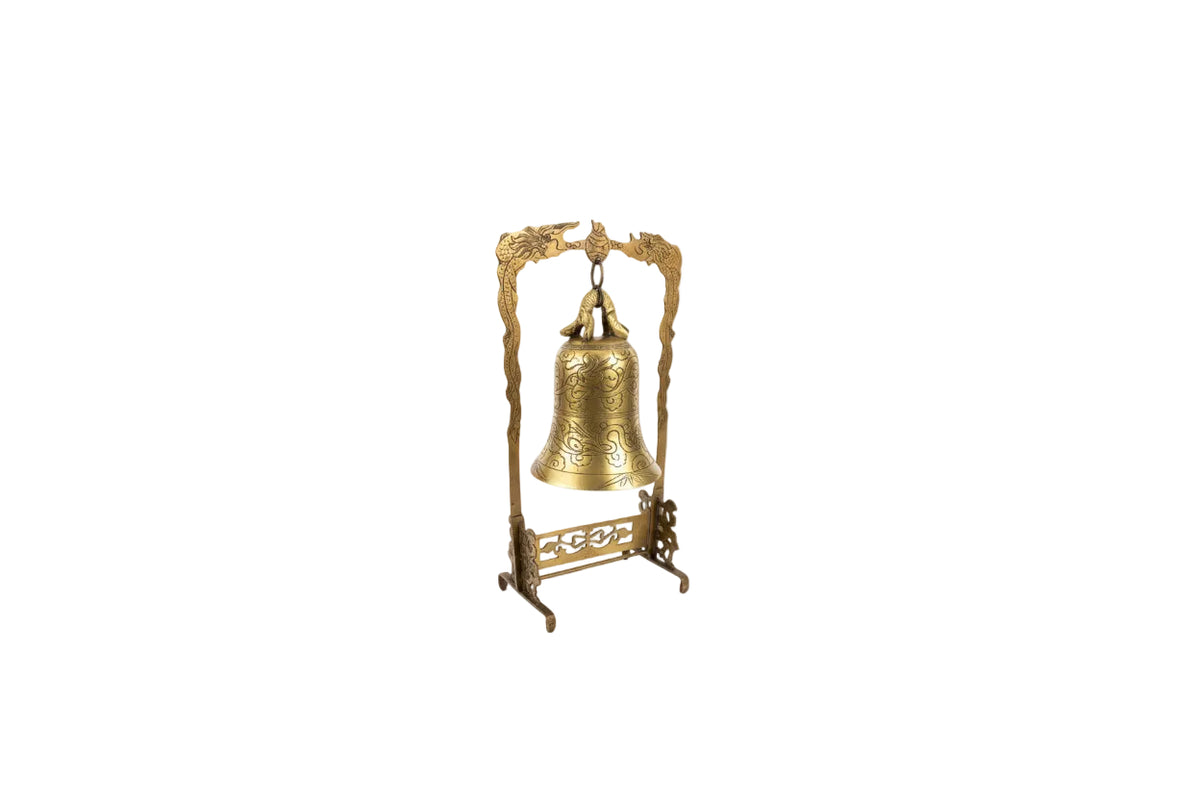 Vintage Brass Dragon Bell on Stand Ornate Asian Tabletop Gong Etched Feng Shui|286945807653