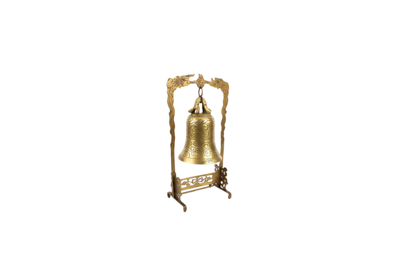 Vintage Brass Dragon Bell on Stand Ornate Asian Tabletop Gong Etched Feng Shui|286945807653