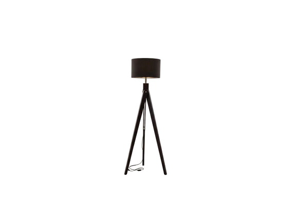 Dark Wood Tripod Floor Lamp with Black Drum Shade - Modern Mid-Century Style|286969347785