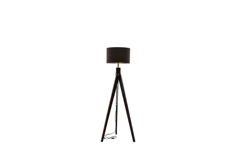 Dark Wood Tripod Floor Lamp with Black Drum Shade - Modern Mid-Century Style|286969347785