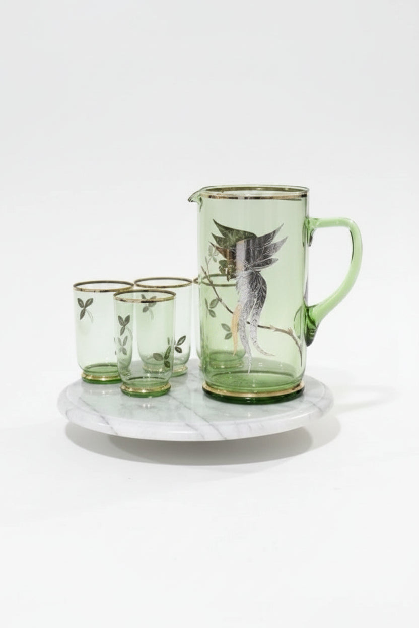 VINTAGE MCM Chartreuse Green Glass Pitcher & 3 Glasses Set With Gold Leaf|286957366204