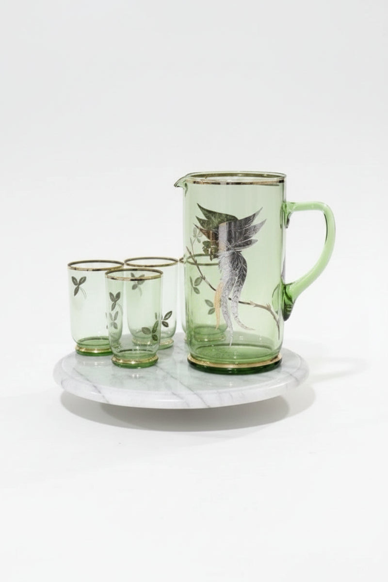 VINTAGE MCM Chartreuse Green Glass Pitcher & 3 Glasses Set With Gold Leaf|286957366204