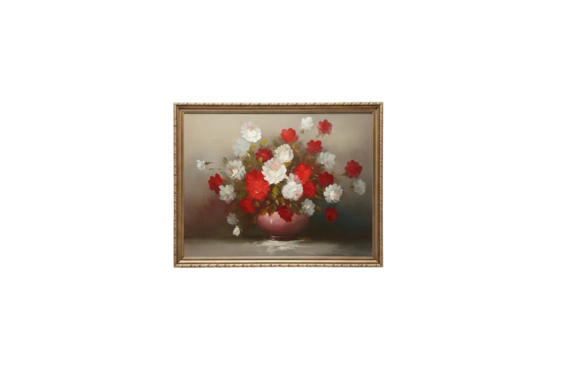 Still Life Oil Painting of Red and White Flowers in a Vase|286968477187