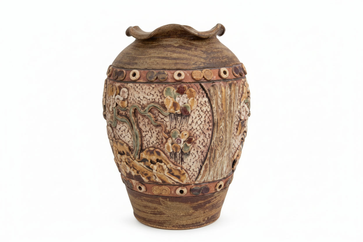 Huge Vintage Studio Pottery Vase 16" - Textured Relief Tree Landscape - Wavy Rim|286964692927