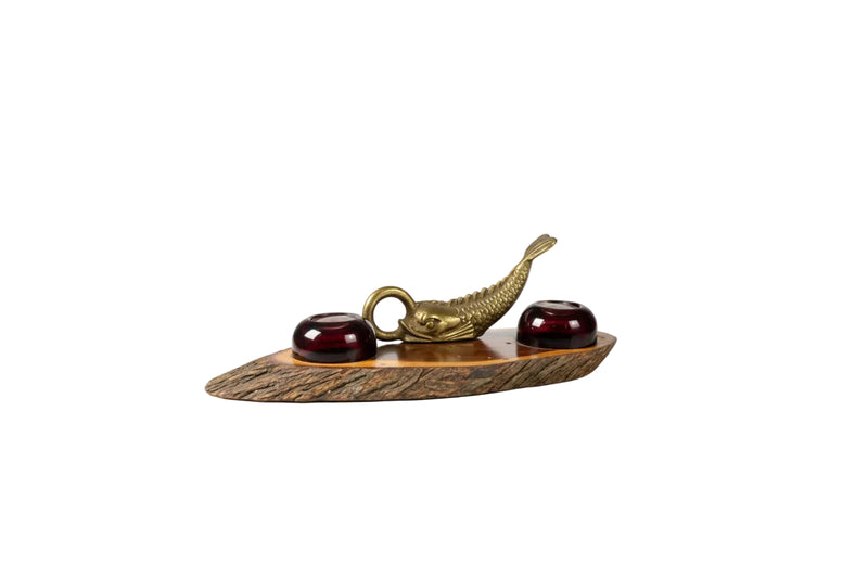Vintage Australian Mulga Wood & Brass Fish Desk Inkwell Stand|286945615801