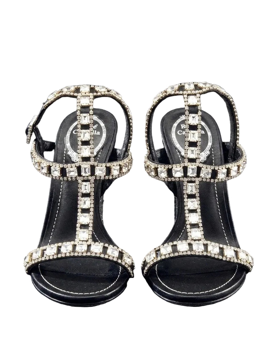 René Caovilla Crystal Embellished Black Satin T-Strap Sandals Heels|287219453199